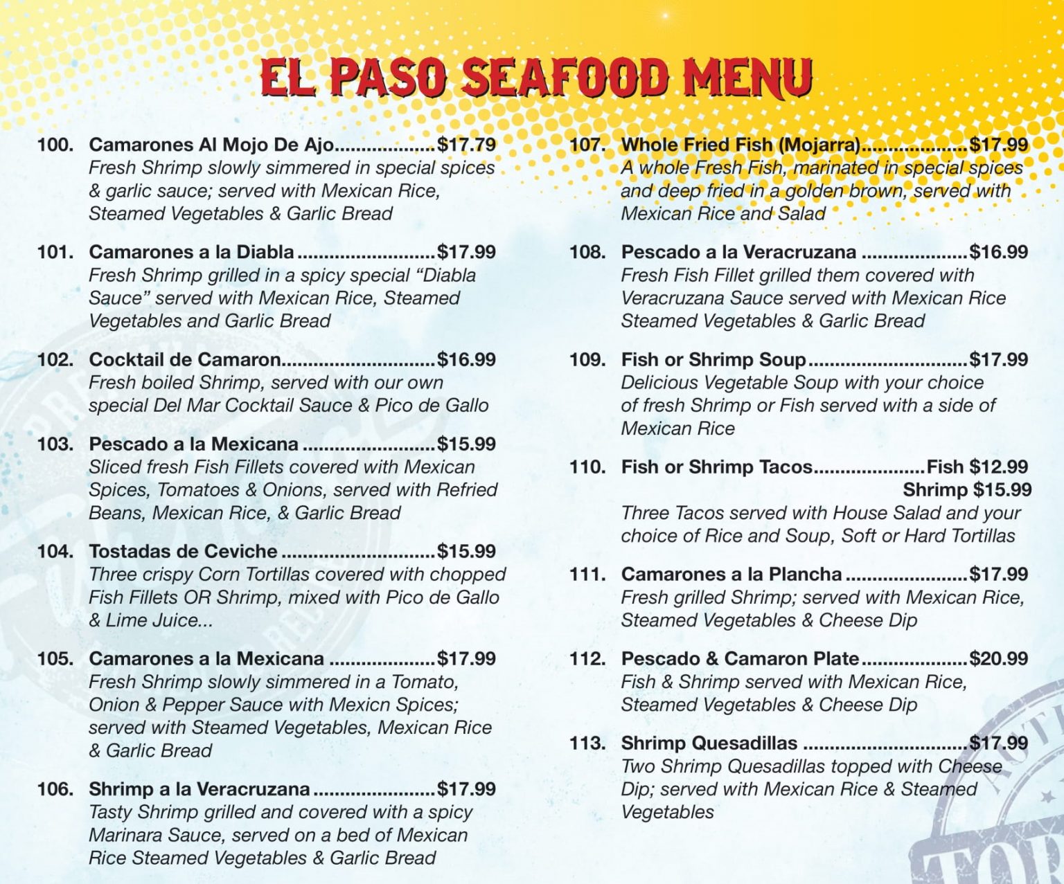EL PASO SEAFOOD MENU El Paso Mexican Grill